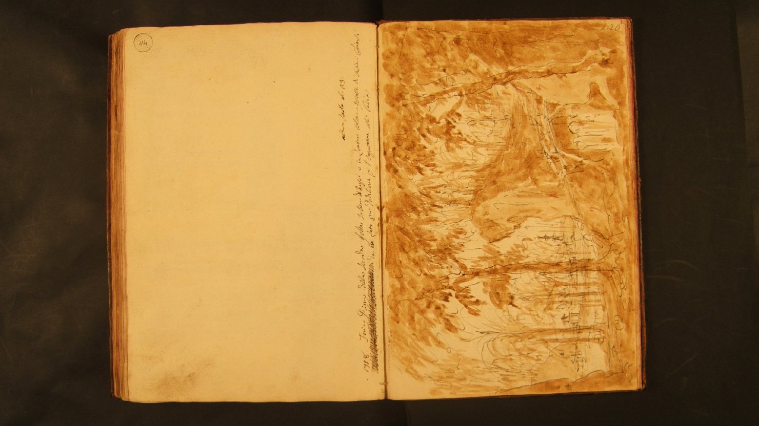 foresta con colline e case (disegno, elemento d'insieme) di Galliari Fabrizio (attribuito) (sec. XVIII)