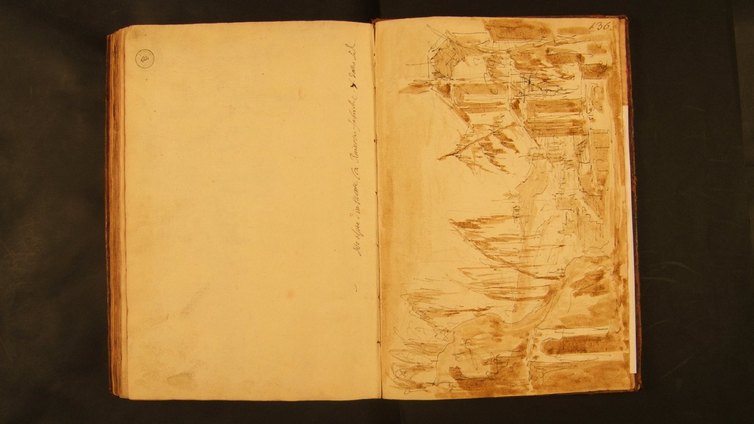 paesaggio alpestre con case rovinate (disegno, elemento d'insieme) di Galliari Fabrizio (attribuito) (sec. XVIII)