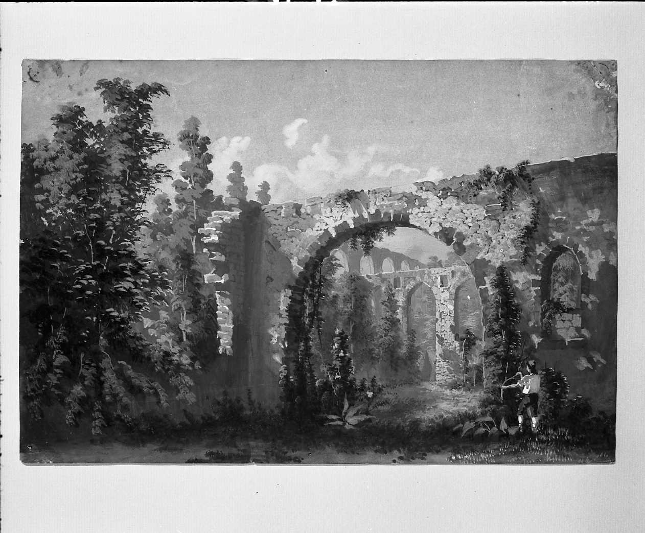 veduta di ruderi con archi, alberi e una figurina (disegno, opera isolata) di Fontana Riccardo (attribuito) (seconda metà sec. XIX)