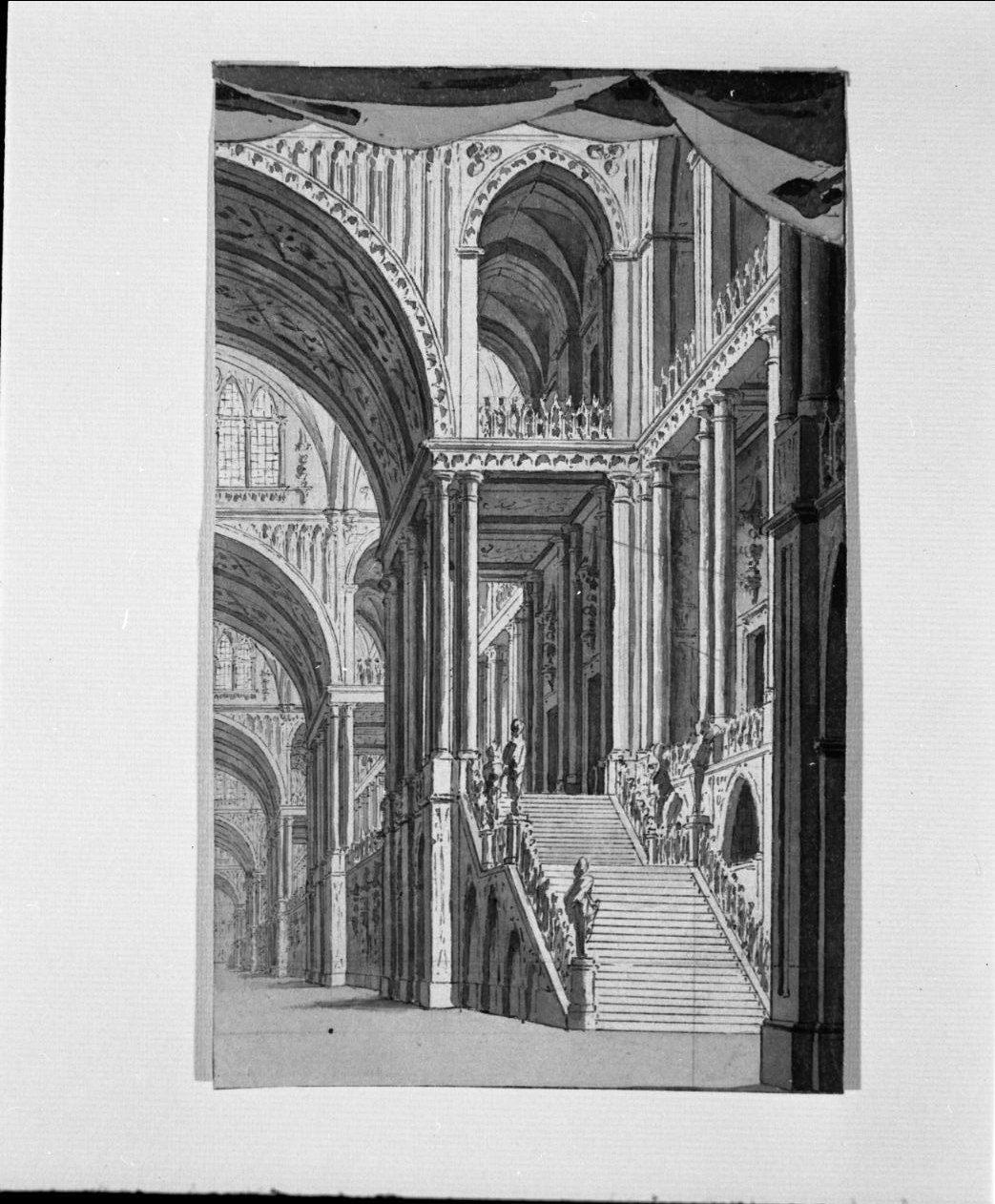 galleria con scalone (disegno) di Galliari Giovanni il Giovane (attribuito) (seconda metà sec. XVIII)
