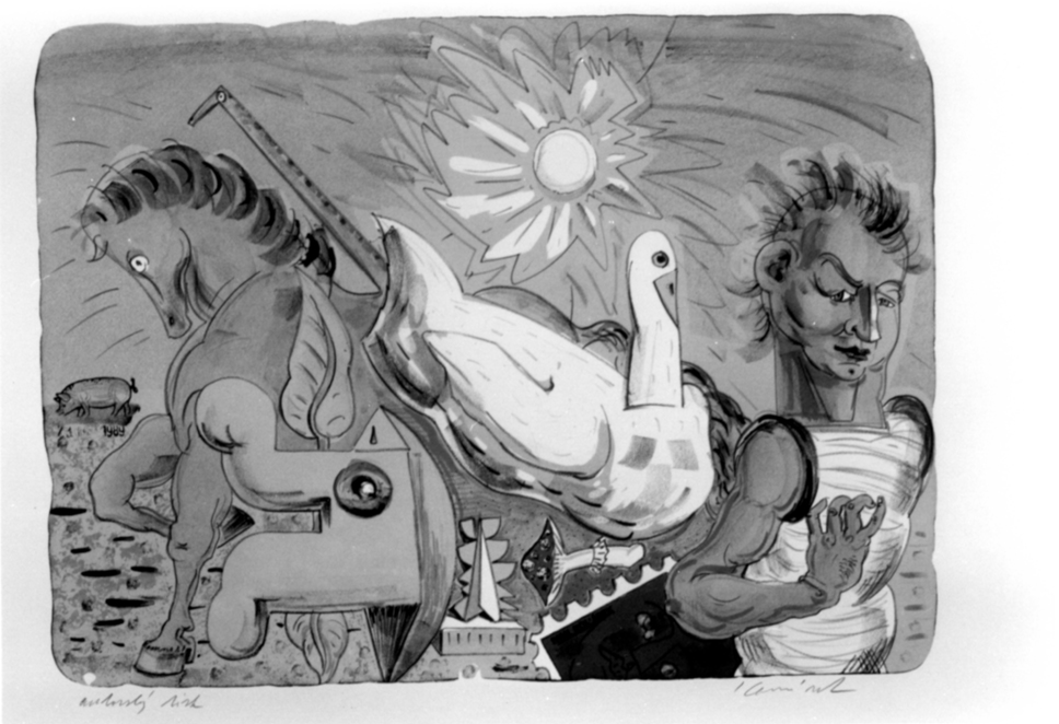 Pohlednice, Composizione con figura maschile, animali, sole sullo sfondo (stampa a colori) di Komarec Ivan (sec. XX)