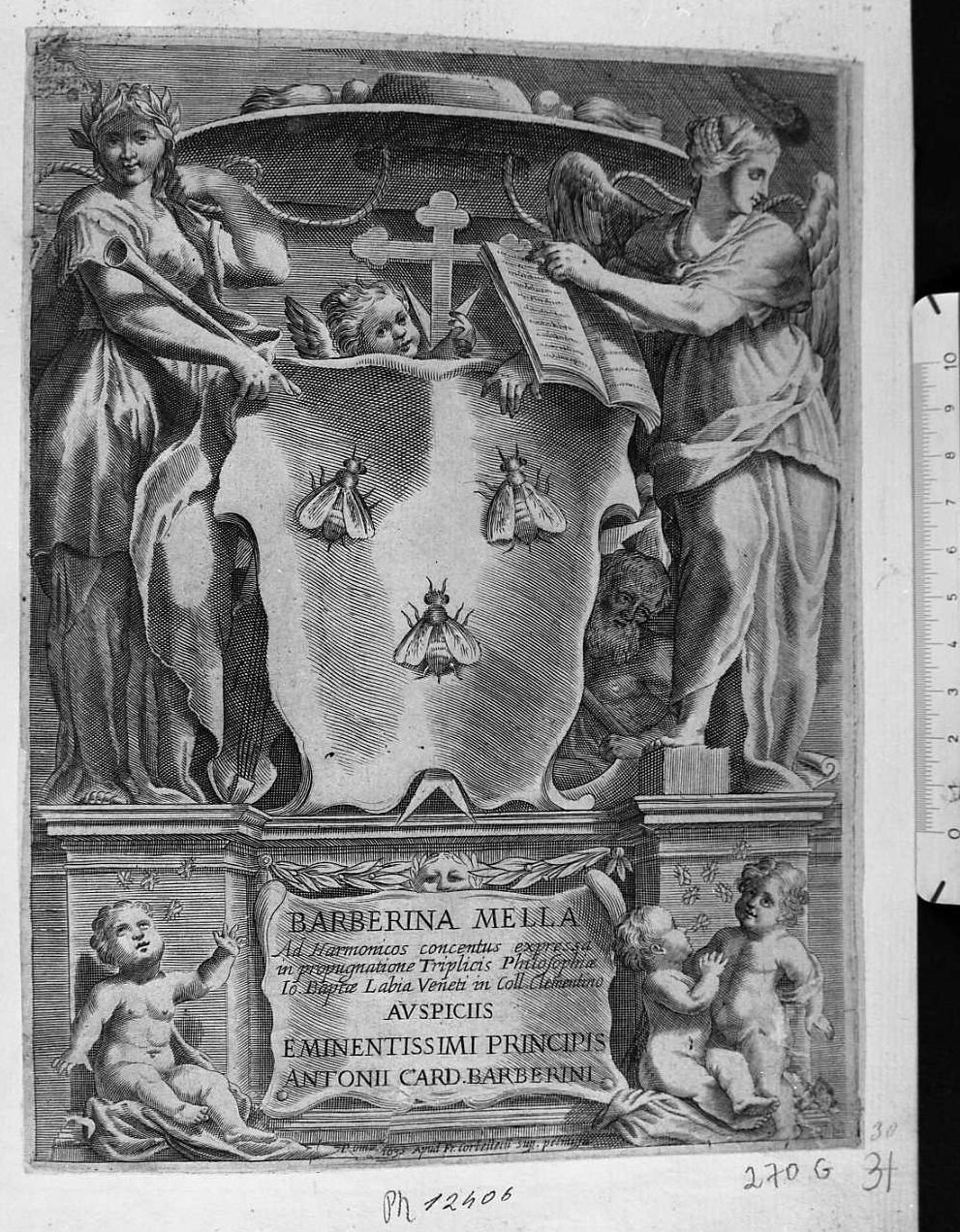 Stemma della Famiglia Barberini sorretto da due figure allegoriche sopra ad un basamento architettonico che reca al centro una dedica, stemma cardinalizio (stampa tagliata) di Greuter Johann Friederich (attribuito) (sec. XVII)