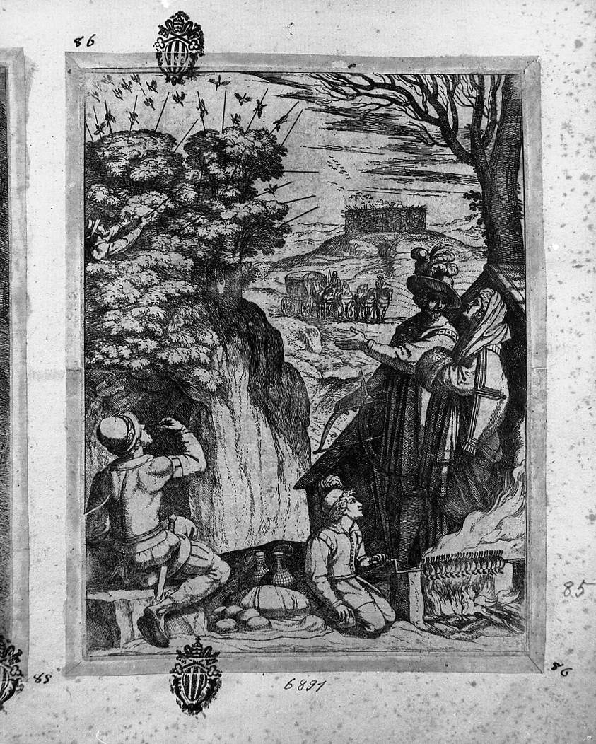 Sosta per il pasto durante la caccia, caccia (stampa smarginata) di Tempesta Antonio (attribuito) (secc. XVI/ XVII)