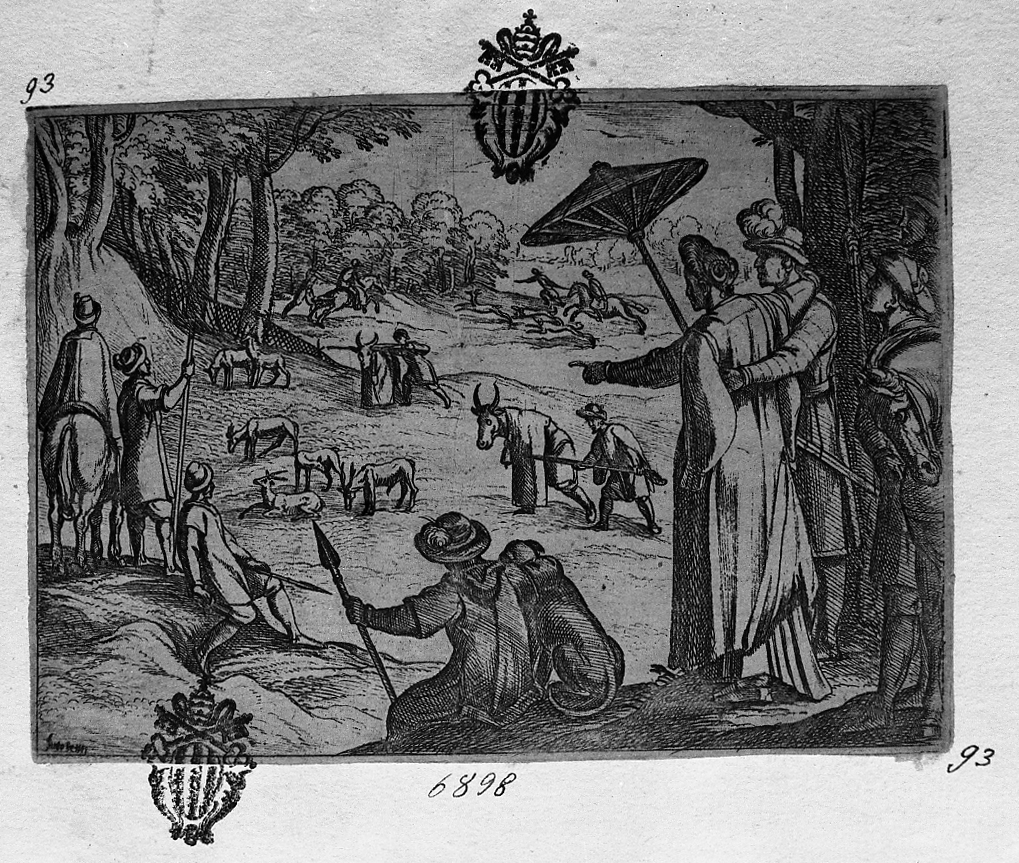 Caccia al cervo con camuffamenti, caccia (stampa smarginata) di Tempesta Antonio (secc. XVI/ XVII)