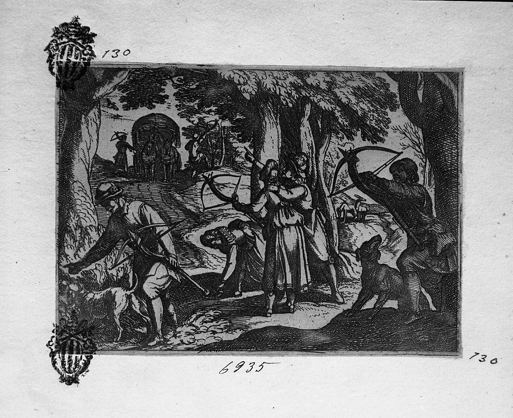 Caccia agli uccelli con la balestra, caccia (stampa smarginata) di Tempesta Antonio (secc. XVI/ XVII)
