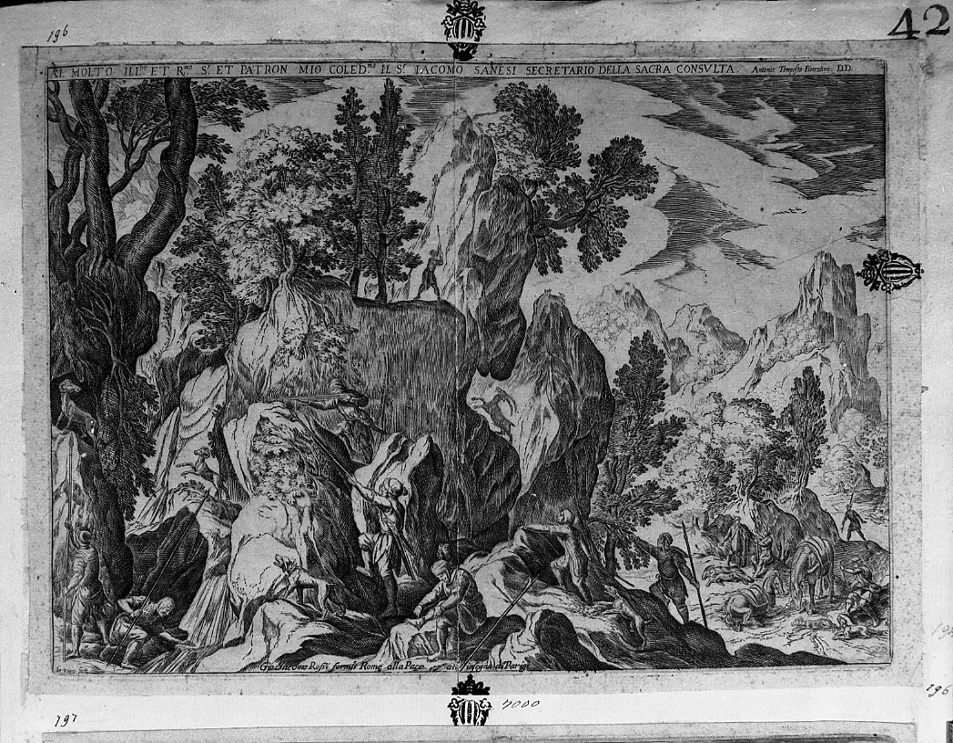 Caccia al camoscio, caccia (stampa tagliata) di Tempesta Antonio (attribuito) (secc. XVI/ XVII)