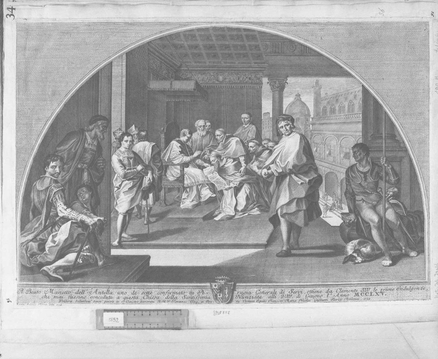 San Manetto riceve da Clemente IV l'indulgenza per la chiesa dell'Annunziata, Santi (stampa tagliata) di Herz Johann Daniel I (sec. XVIII)