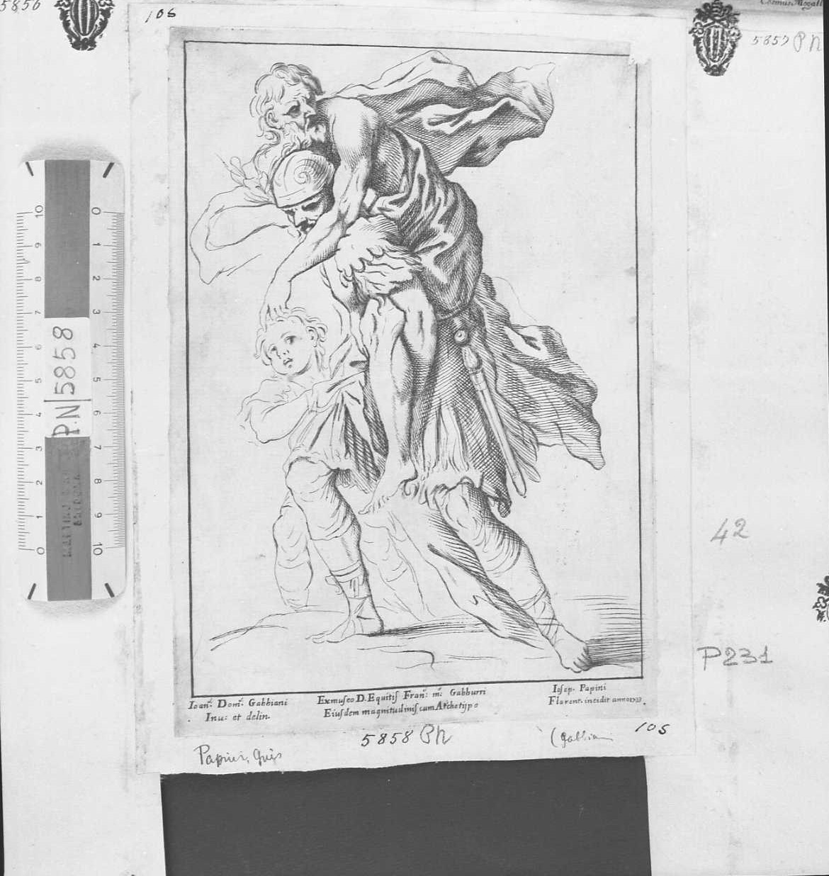 Enea fugge con Anchise, eroi (stampa tagliata) di Benedetti Giuseppe (sec. XVIII)