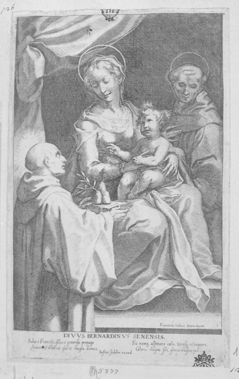 La Vergine col Bambino e i SS. Francesco e Bernardino da Siena, Vergine col Bambino (stampa tagliata) di Sadeler Johannes (secc. XVI/ XVII)