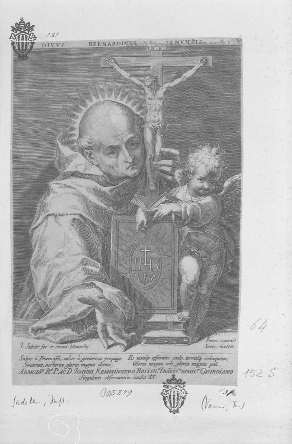 San Bernardino da Siena, Santi (stampa tagliata) di Sadeler Johannes (secc. XVI/ XVII)