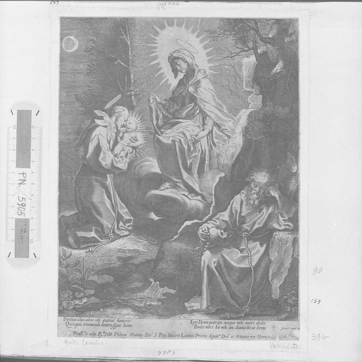 La Vergine porge il Bambino a san Francesco, Vergine (stampa tagliata) di Galle Cornelis III (secc. XVI/ XVII)