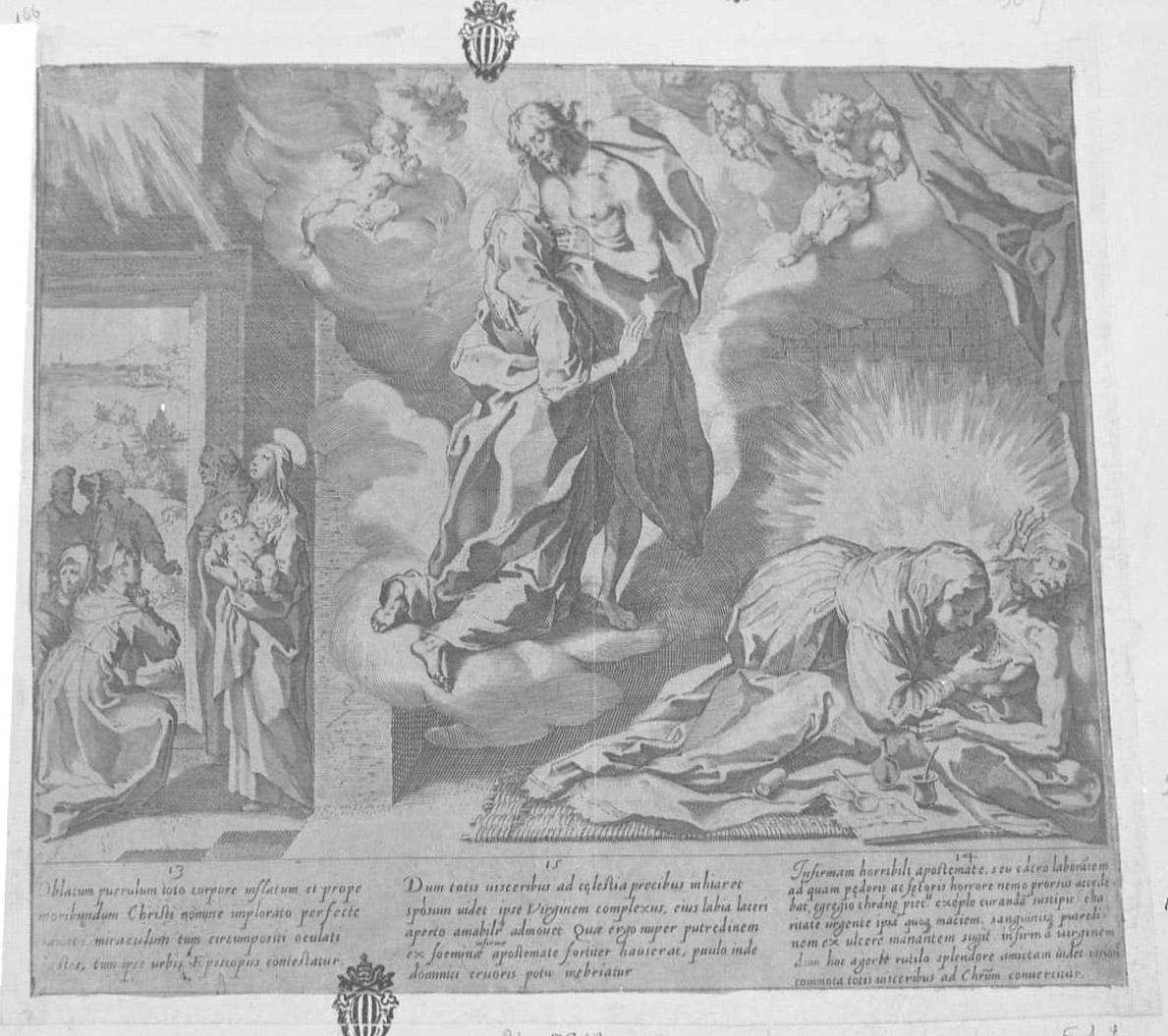 Vita e miracoli di Santa Caterina: la Santa abbracciata al Signore sulle nubi, Santi (stampa tagliata) di De Jode Peeter (secc. XVI/ XVII)