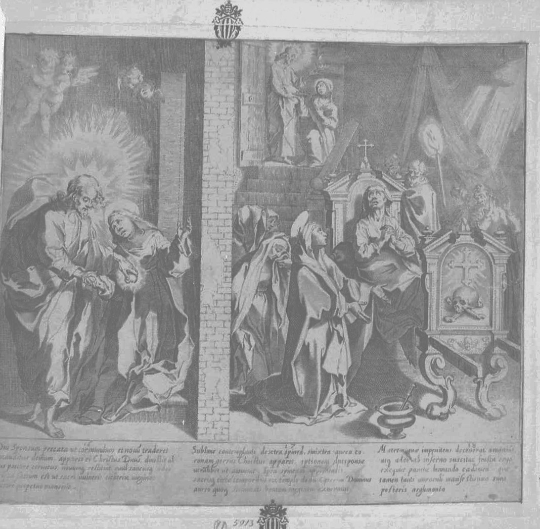 Vita e miracoli di Santa Caterina: Cristo e il Signore e resurrezione della Madre, Santi (stampa tagliata) di De Jode Peeter (secc. XVI/ XVII)