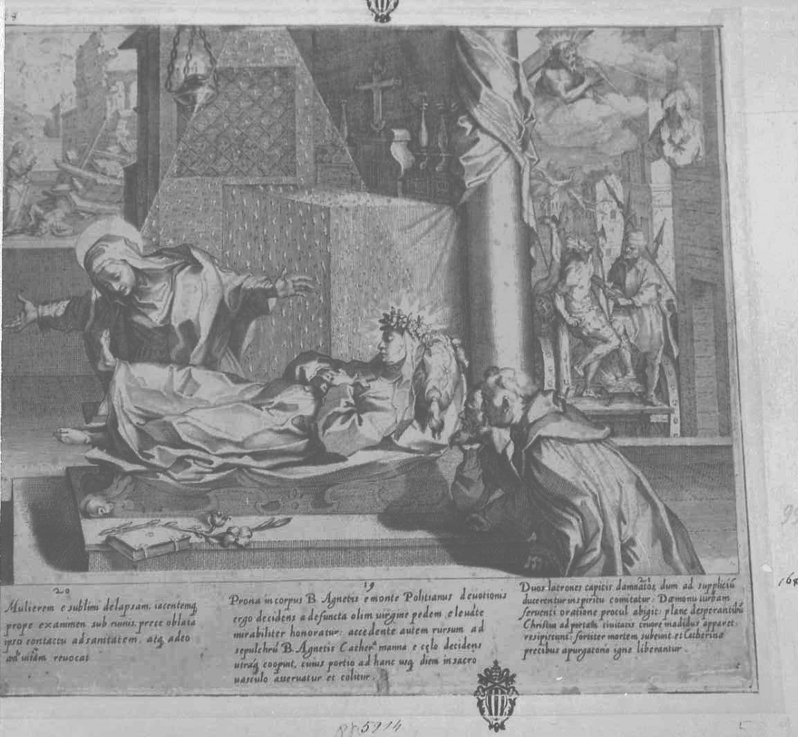 Vita e miracoli di Santa Caterina: la Santa resuscita una donna, Santi (stampa tagliata) di De Jode Peeter (secc. XVI/ XVII)