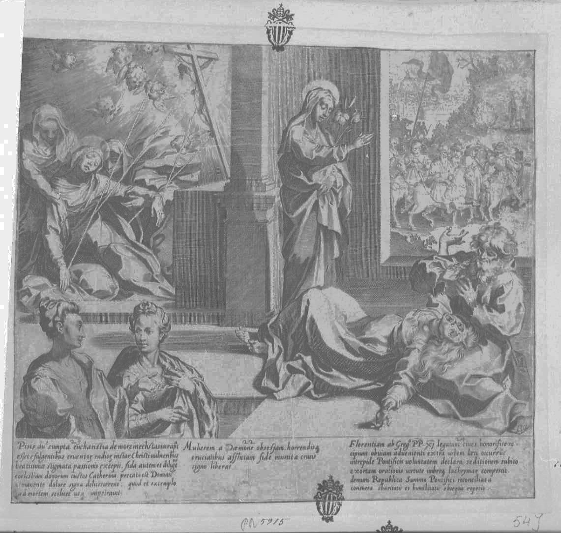 Vita e miracoli di Santa Caterina: la Santa stigmatizzata ed altra scena, Santi (stampa tagliata) di De Jode Peeter (secc. XVI/ XVII)