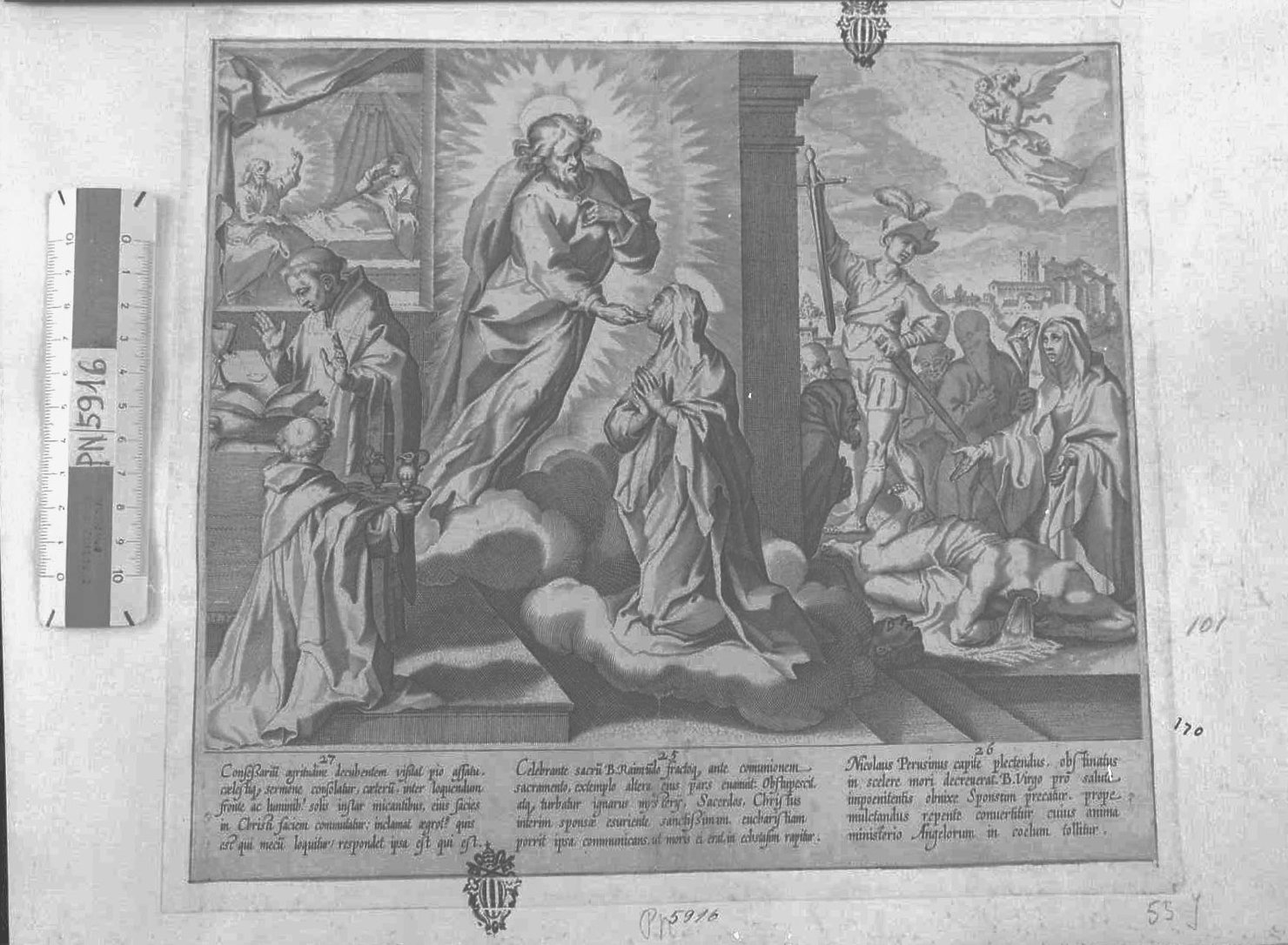 Vita e miracoli di Santa Caterina: la Santa comunicata dal Signore, Santi (stampa tagliata) di De Jode Peeter (secc. XVI/ XVII)