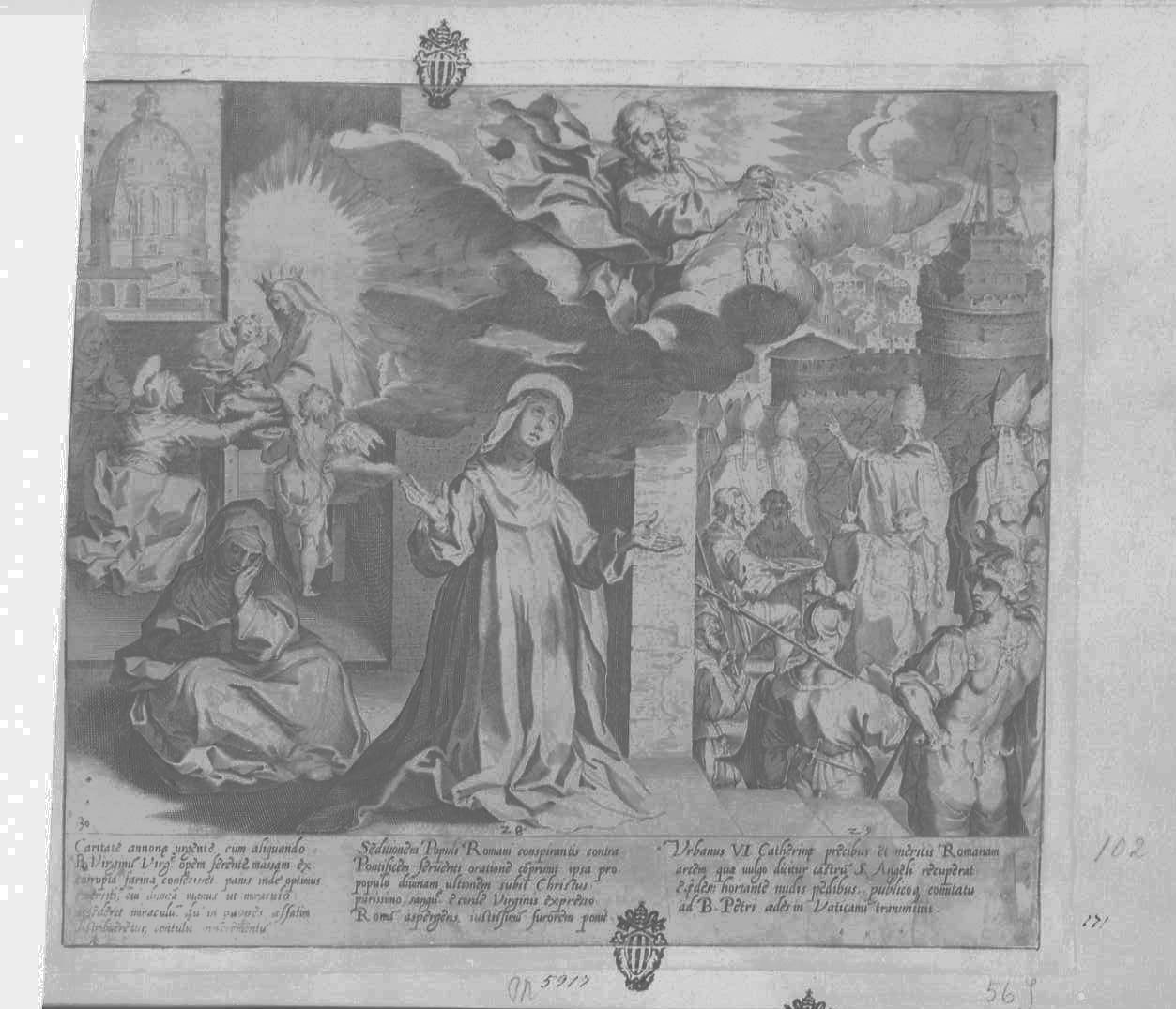 Vita e miracoli di Santa Caterina: la Santa e la città di Roma, Santi (stampa tagliata) di De Jode Peeter (secc. XVI/ XVII)