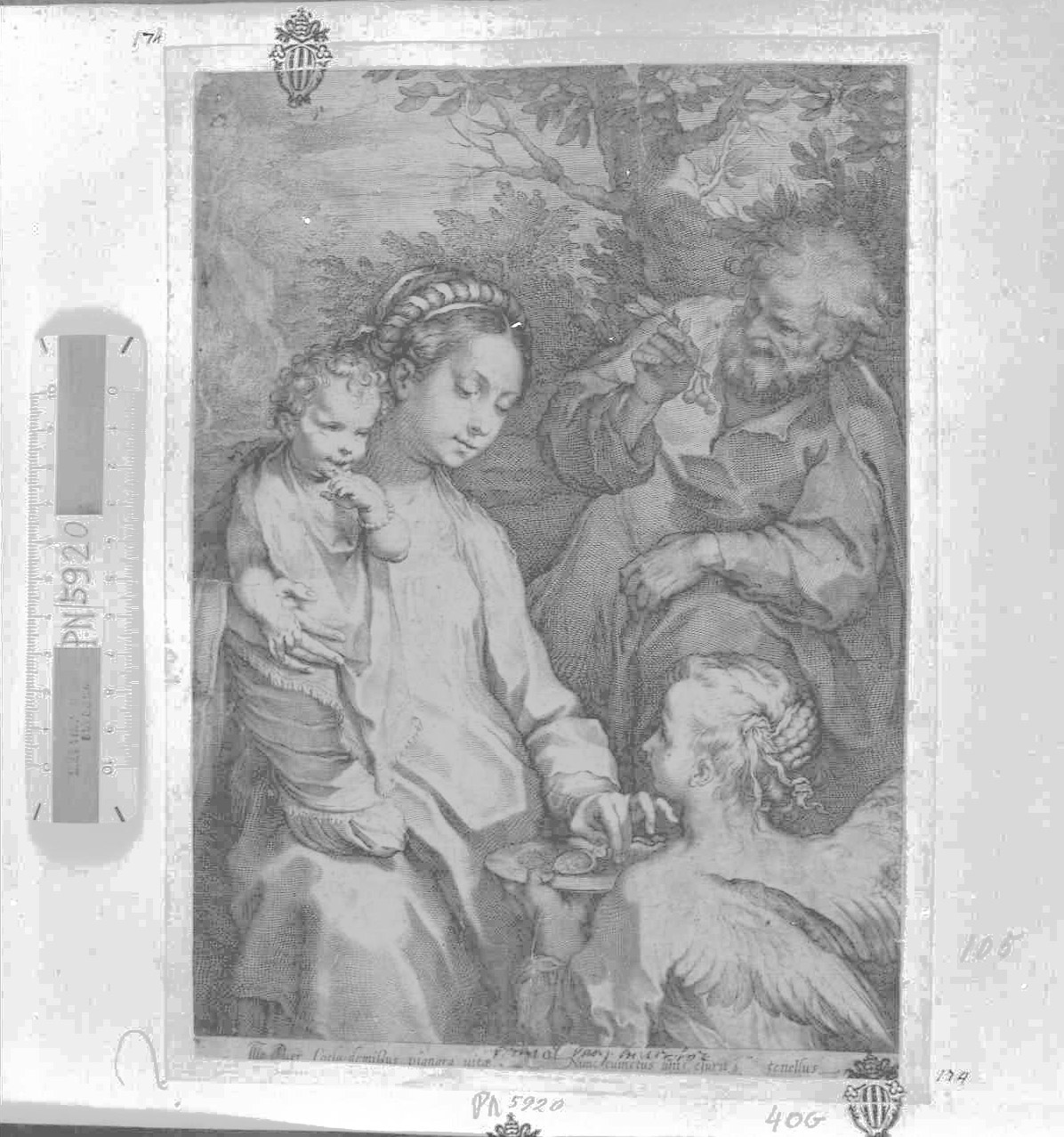 Sacra Famiglia con angelo e Giuseppe che coglie le cigliegie, Sacra Famiglia (stampa tagliata) di Galle Cornelis III (secc. XVI/ XVII)