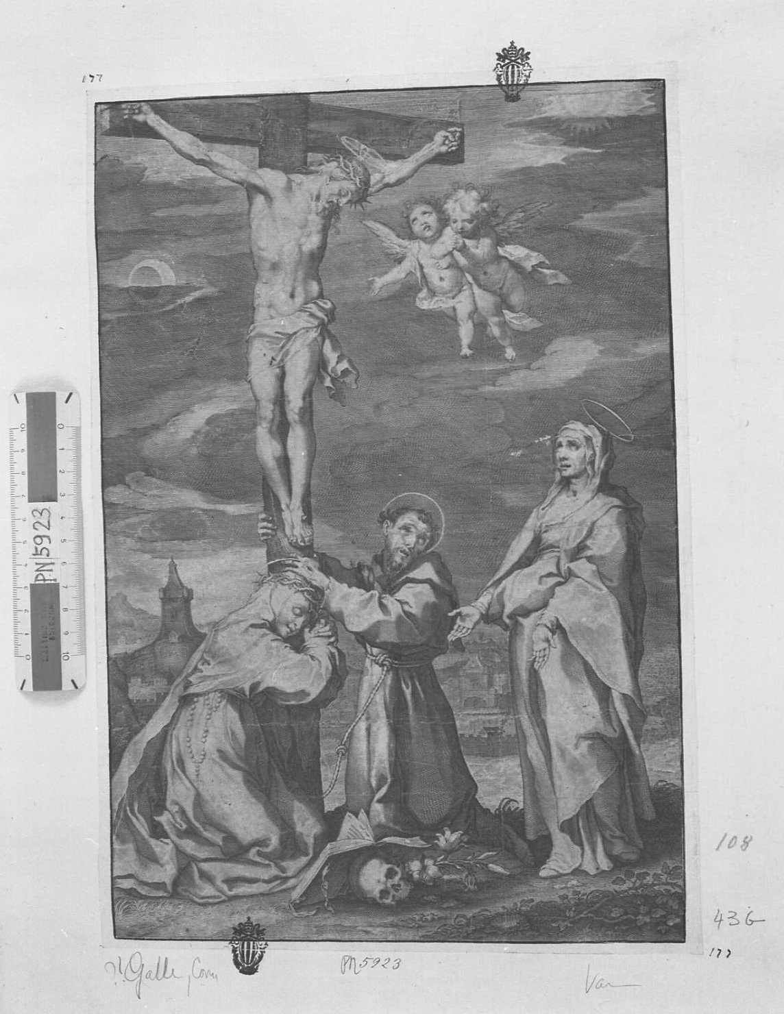 Gesù crocifisso e ai suoi piedi la Vergine e i SS. Francesco e Caterina da Siena, Cristo (stampa tagliata) di Galle Cornelis III (secc. XVI/ XVII)