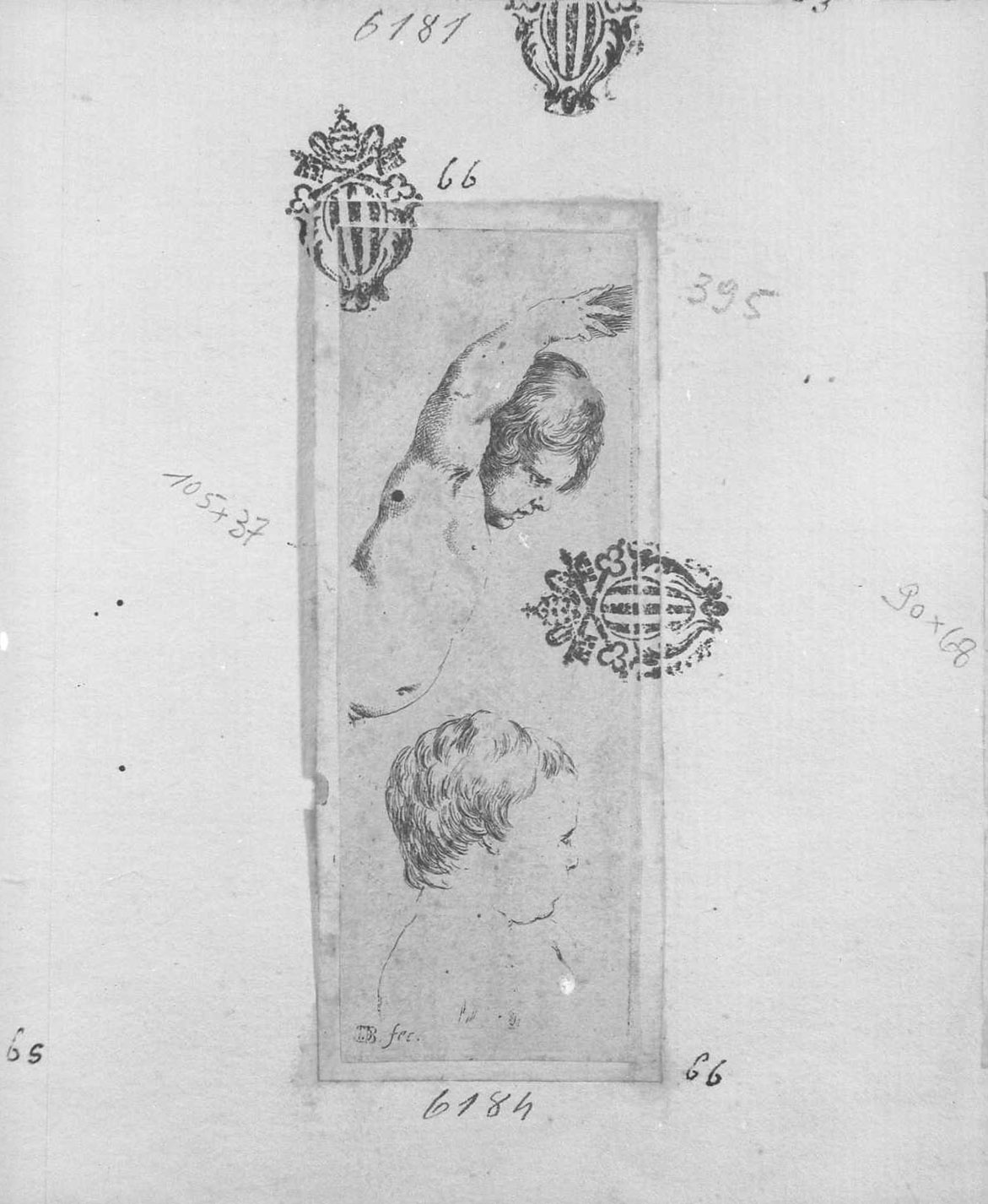 Diverse figure e schizzi: due studi di fanciulli, figura maschile (stampa tagliata) di Della Bella Stefano (sec. XVII)