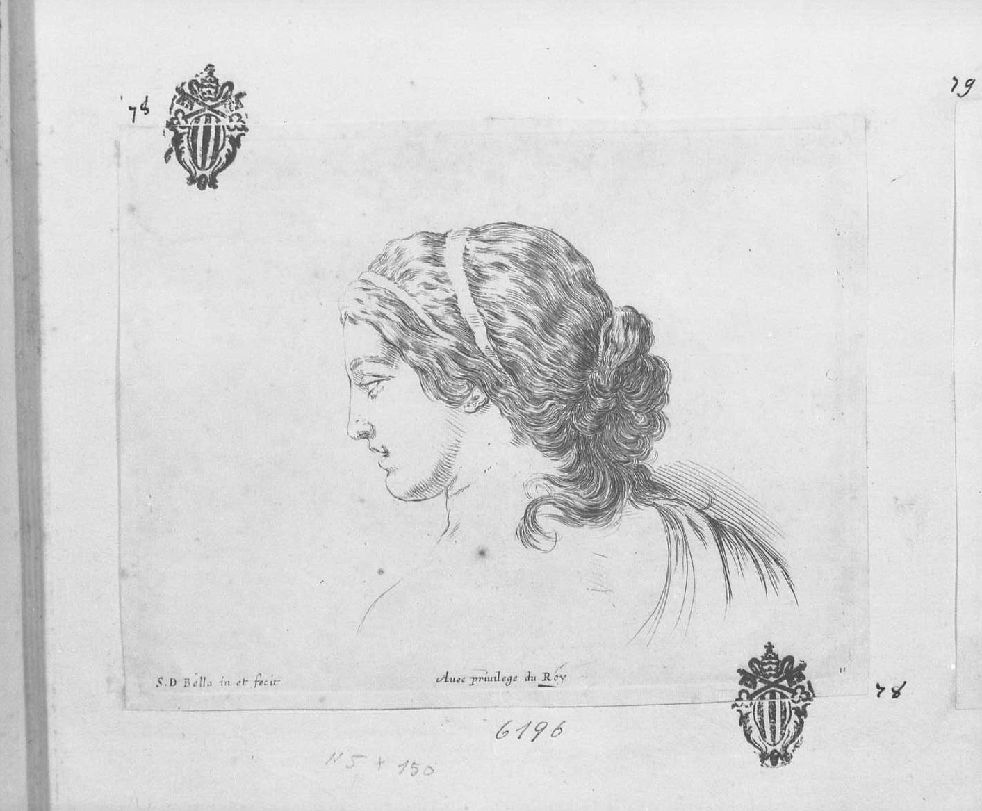 I principi del disegno: testa di fanciulla volta a sinistra, figura femminile (stampa tagliata) di Della Bella Stefano (sec. XVII)