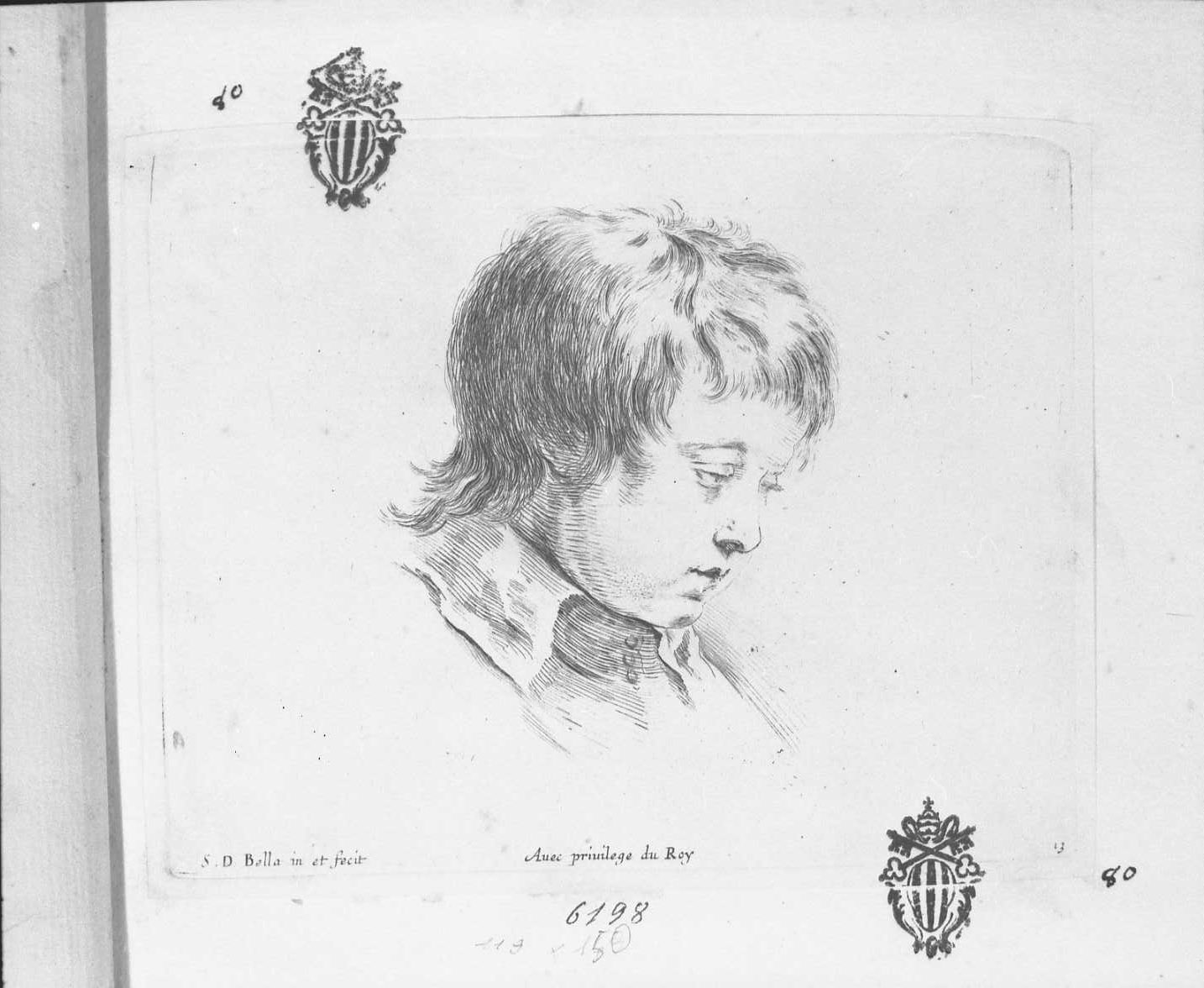 I principi del disegno: profilo di adolescente volto in basso, figura maschile (stampa tagliata) di Della Bella Stefano (sec. XVII)