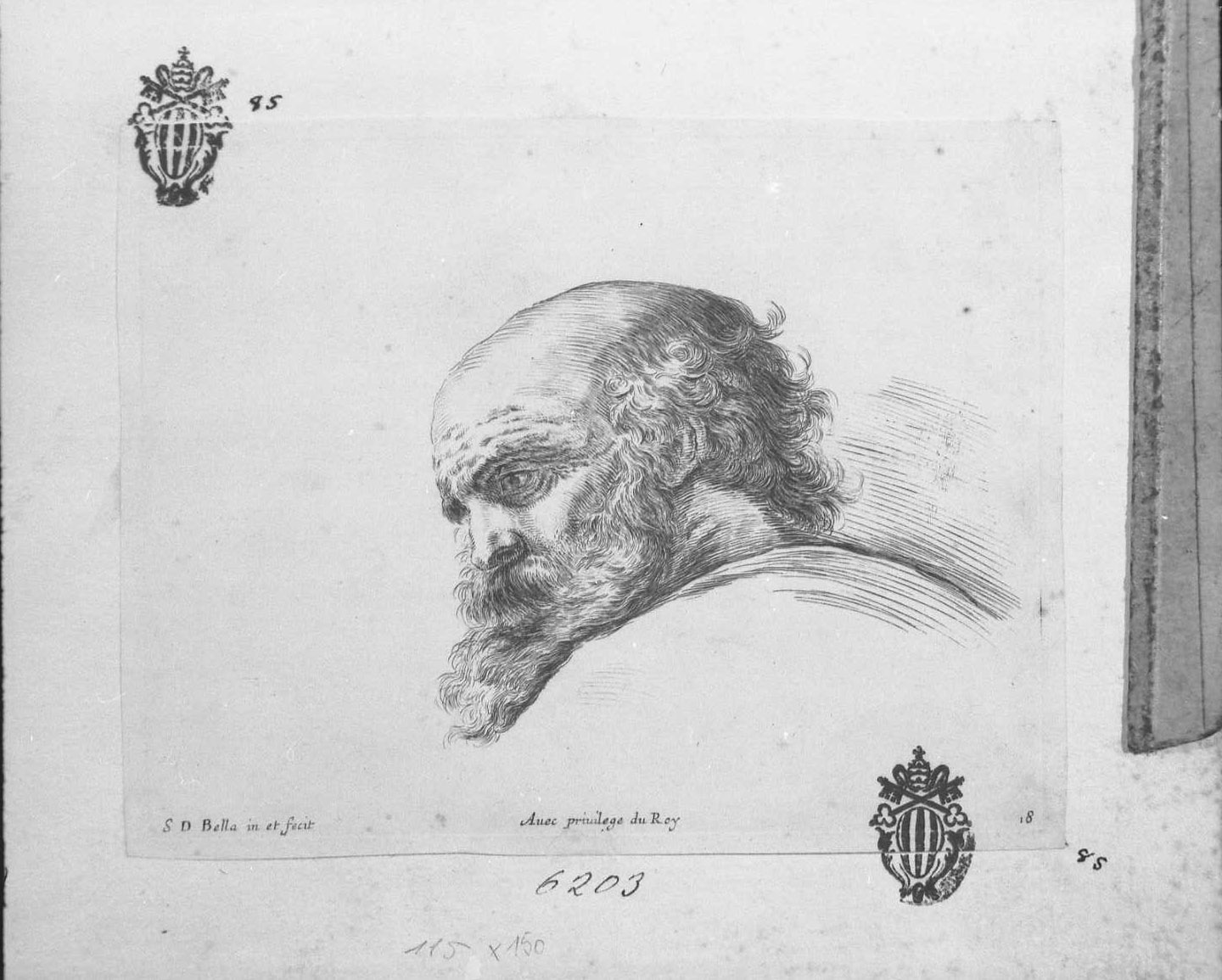 I principi del disegno: testa di vecchio con gli occhi rivolti in basso, figura maschile (stampa tagliata) di Della Bella Stefano (sec. XVII)