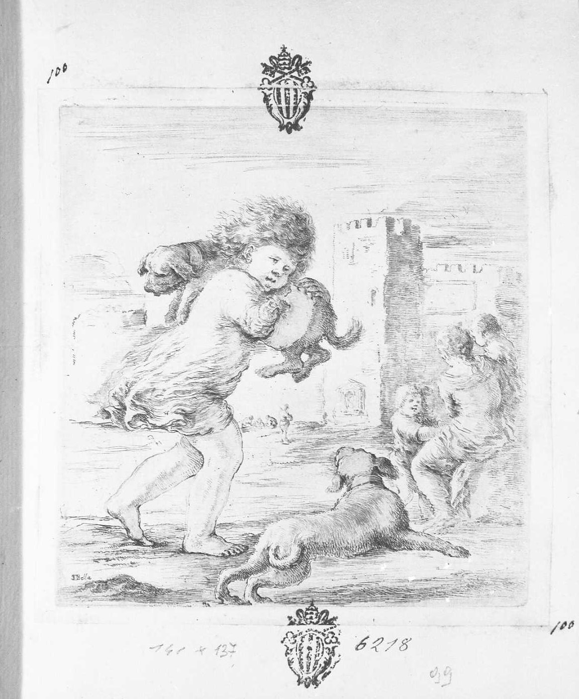 Fanciullo che porta in spalla un piccolo delfino, figura maschile (stampa tagliata) di Della Bella Stefano (sec. XVII)