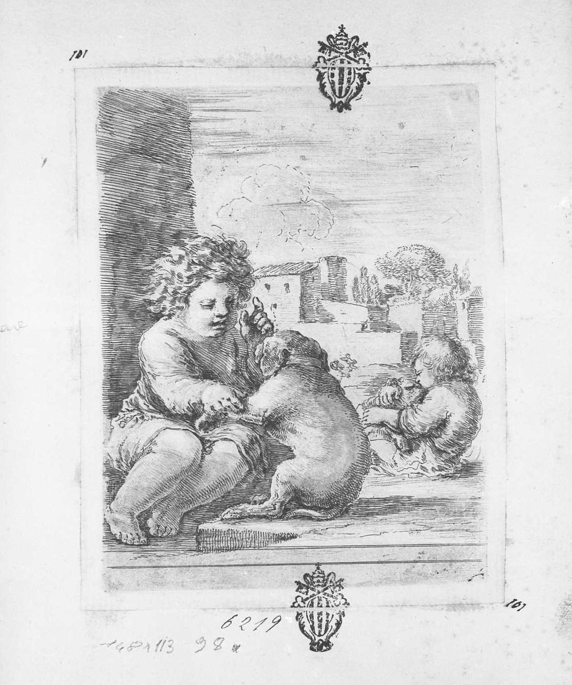 Fanciullo che insegna ad un cane a sedersi, figura maschile (stampa tagliata) di Della Bella Stefano (sec. XVII)