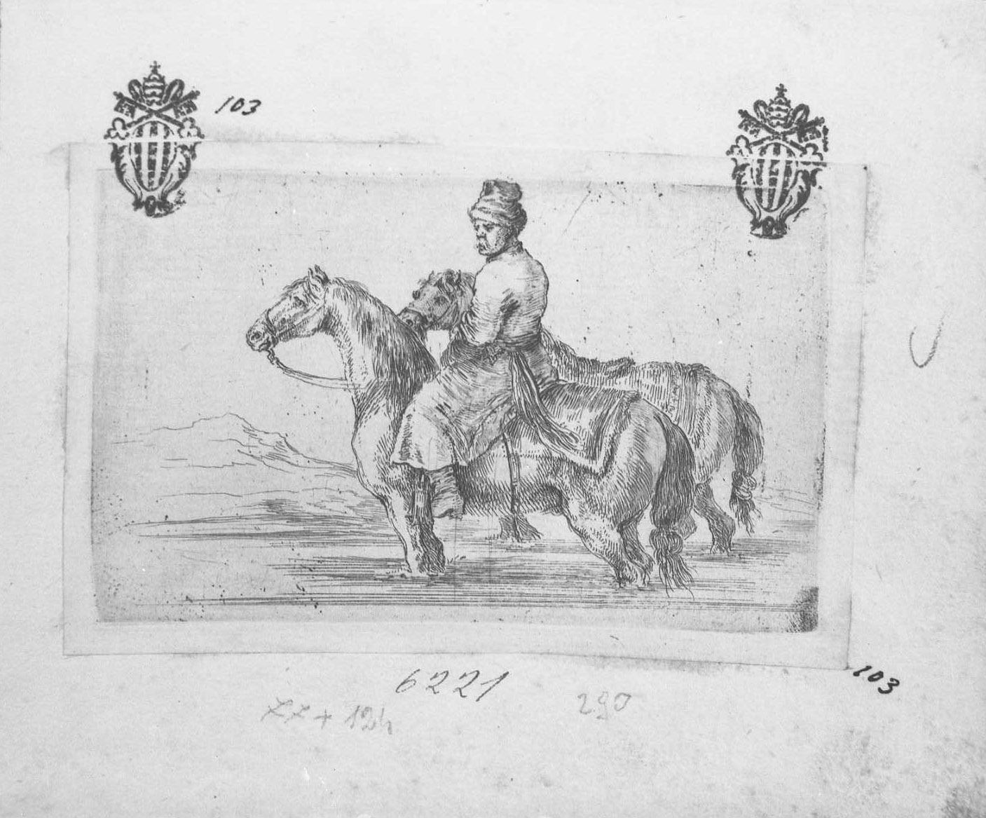Polacco con due cavalli nel fiume, figura maschile (stampa tagliata) di Della Bella Stefano (sec. XVII)