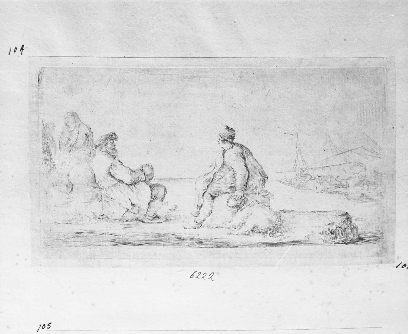 Giovane marinaio ed un vecchio seduti sul bordo del mare, figura maschile (stampa tagliata) di Della Bella Stefano (sec. XVII)