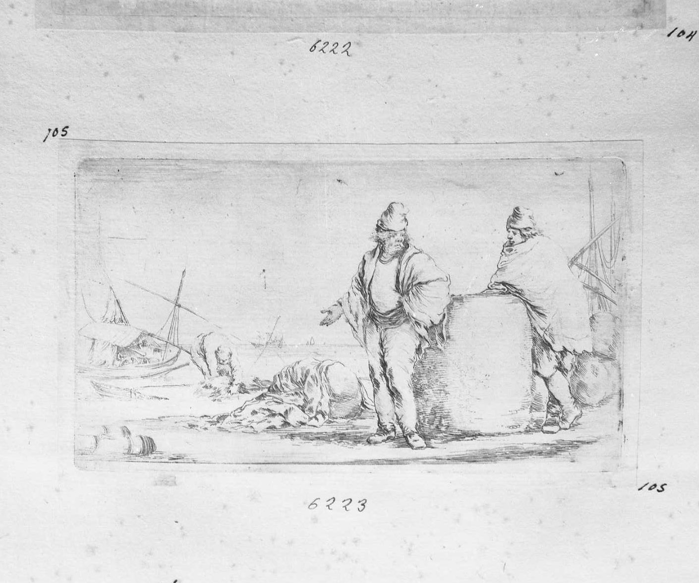 Due marinai in piedi presso una balla di mercanzia, figura maschile (stampa tagliata) di Della Bella Stefano (sec. XVII)