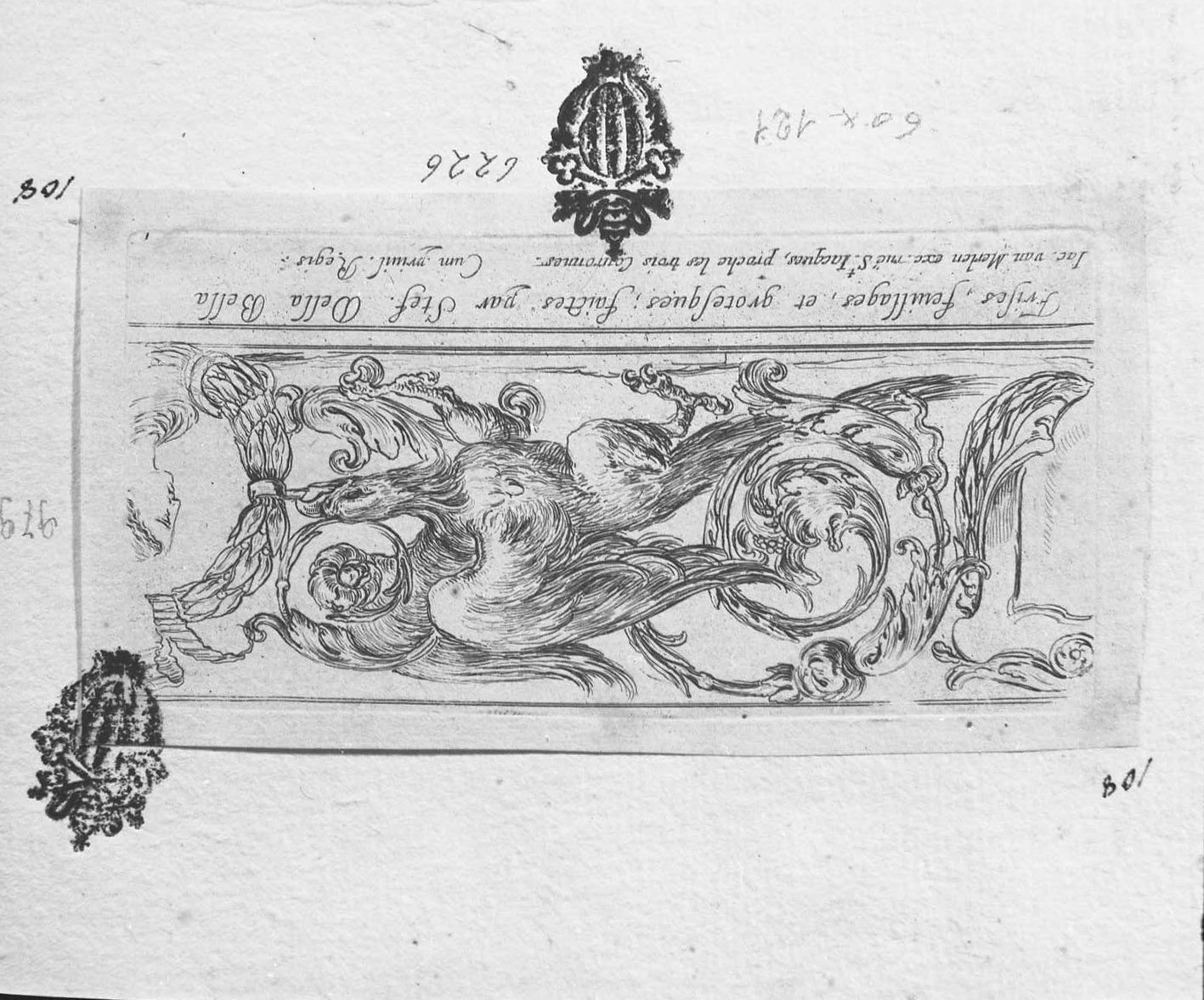 Fregi, foglie e grottesche: frontespizio, grottesche (stampa tagliata) di Della Bella Stefano (sec. XVII)