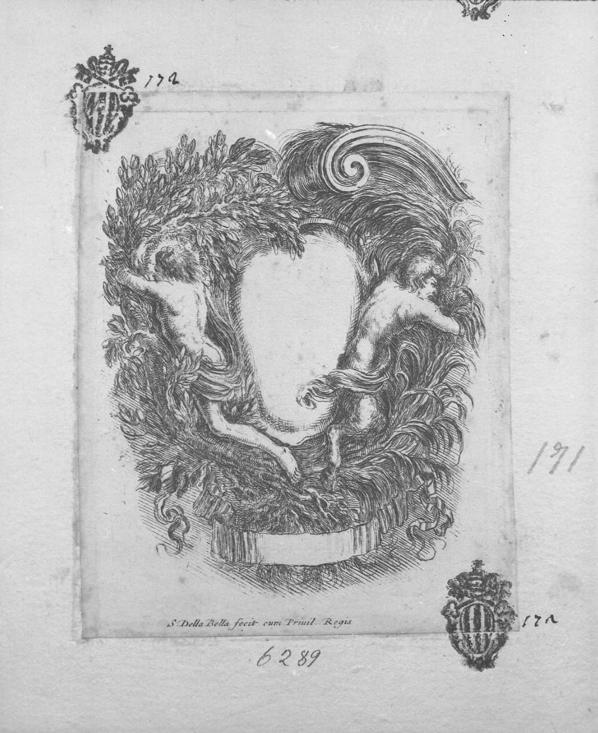 Nuove invenzioni di cartouche: cartouche con Apollo e Pan, libri (stampa tagliata) di Della Bella Stefano (sec. XVII)