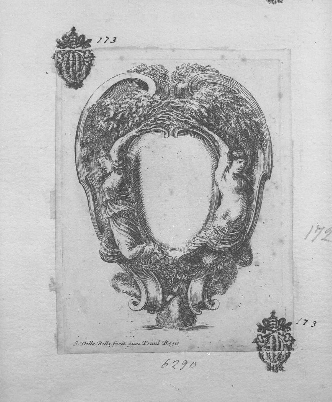 Nuove invenzioni di cartouche: cartouche retta da un'anatra e con due ninfe, libri (stampa tagliata) di Della Bella Stefano (sec. XVII)