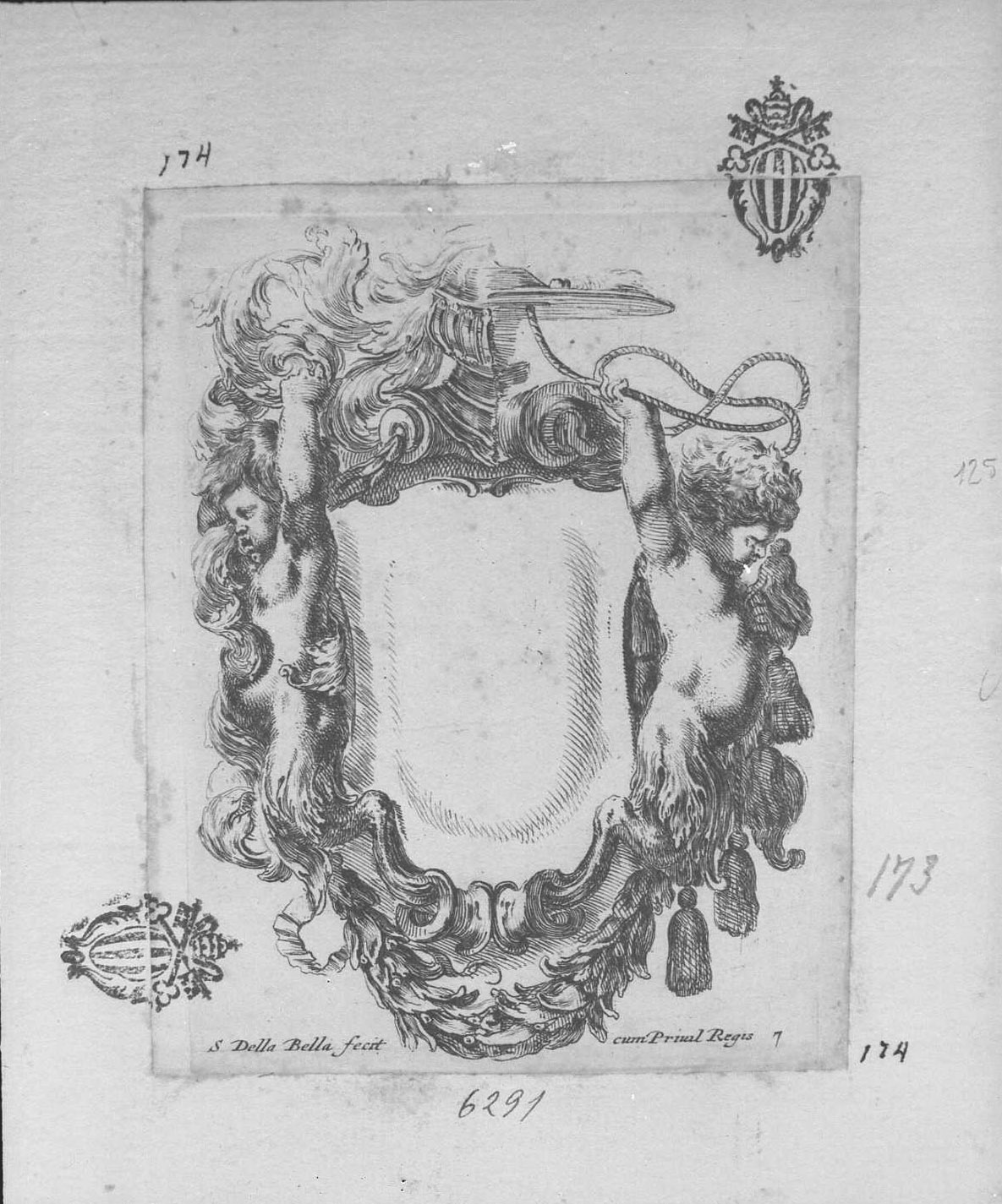 Nuove invenzioni di cartouche: cartouche con due satiretti, mezzo elmo, mezzo cappello cardinalizio, libri (stampa tagliata) di Della Bella Stefano (sec. XVII)