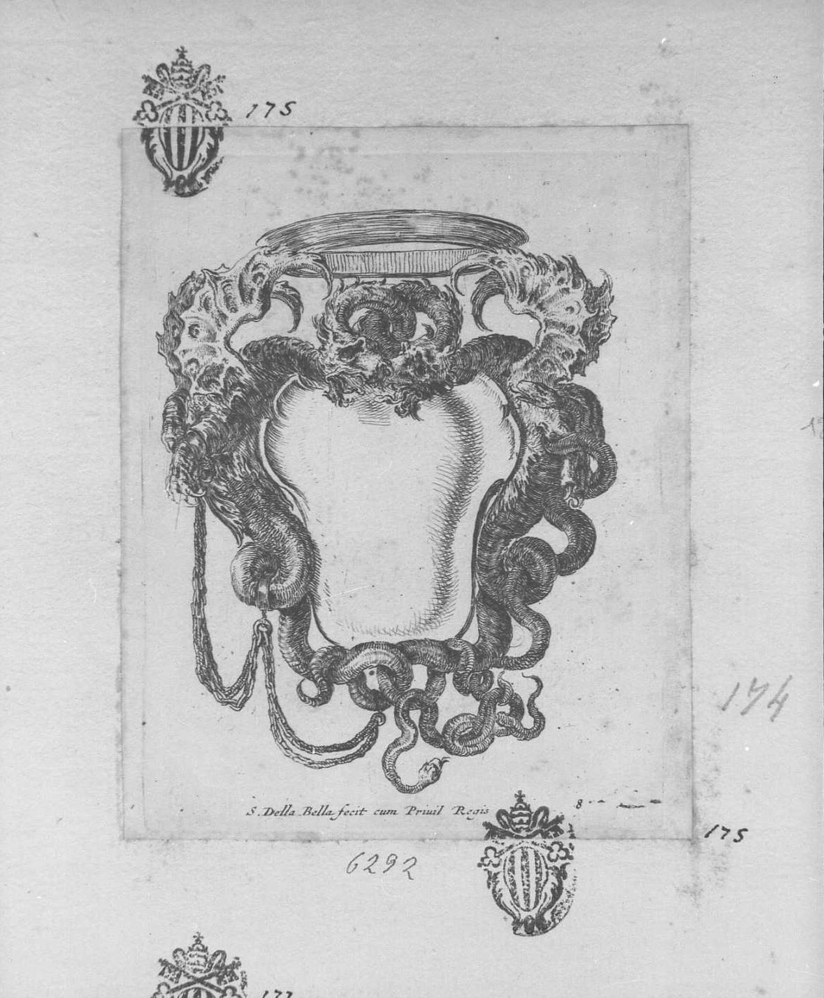 Nuove invenzioni di cartouche: cartouche con due draghi, libri (stampa tagliata) di Della Bella Stefano (sec. XVII)