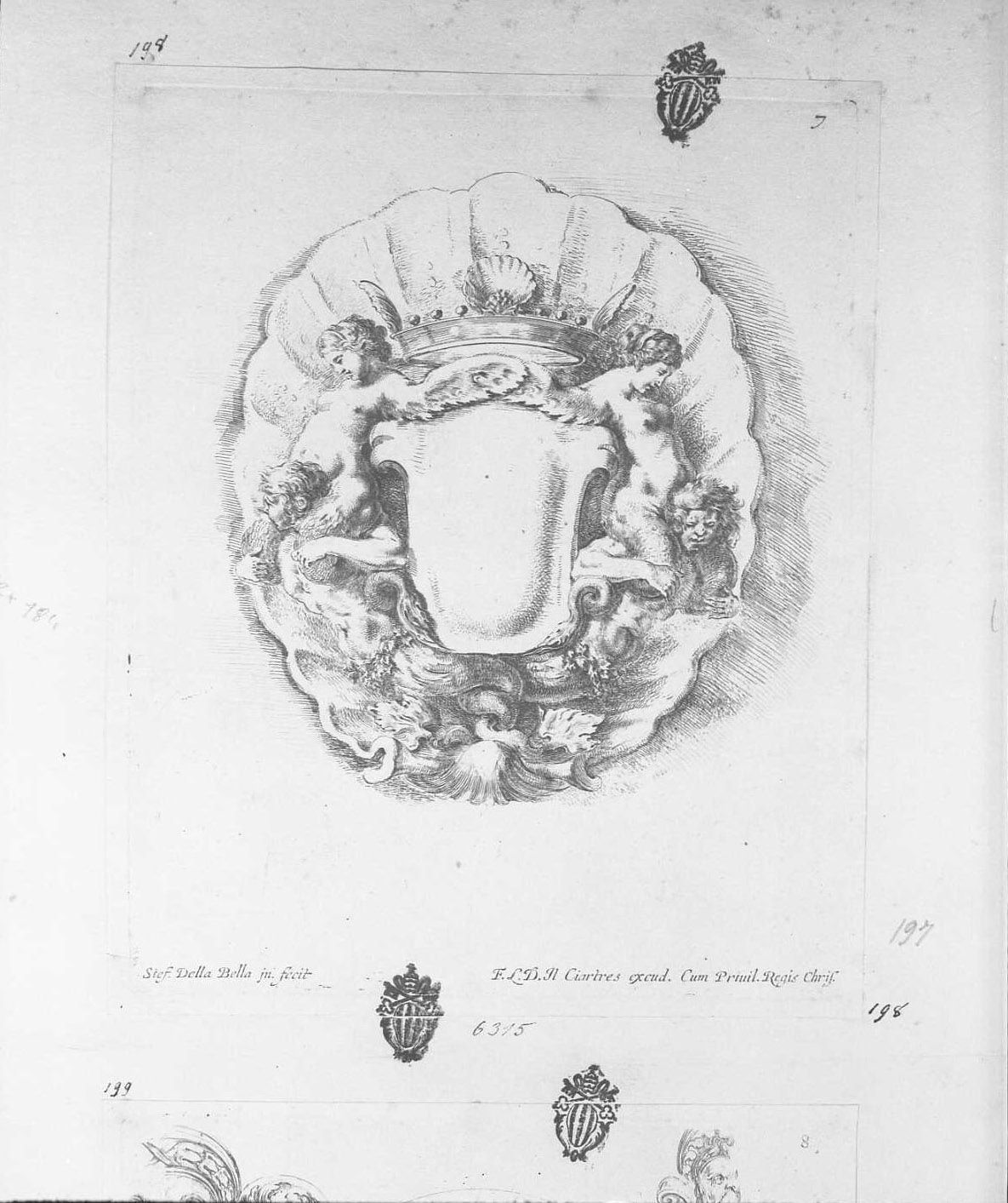 Raccolta di vari capricci et nuove invenzioni di cartelle e ornamenti: cartouche costituita da una conchiglia, due tritoni e due ninfe, libri (stampa tagliata) di Della Bella Stefano (sec. XVII)