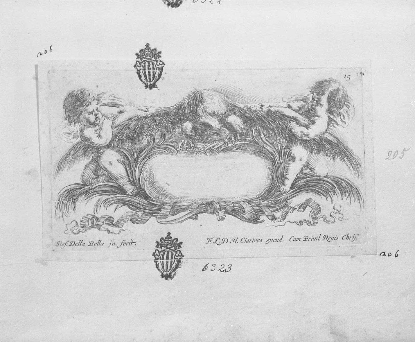 Raccolta di vari capricci et nuove invenzioni di cartelle e ornamenti: cartouche con scudo araldico bianco, aquila e due putti, libri (stampa tagliata) di Della Bella Stefano (sec. XVII)