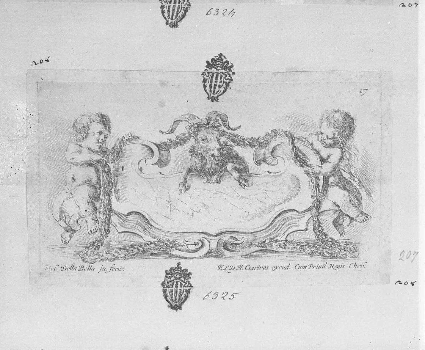 Raccolta di vari capricci et nuove invenzioni di cartelle e ornamenti: cartouche con due putti ed un montone, libri (stampa tagliata) di Della Bella Stefano (sec. XVII)