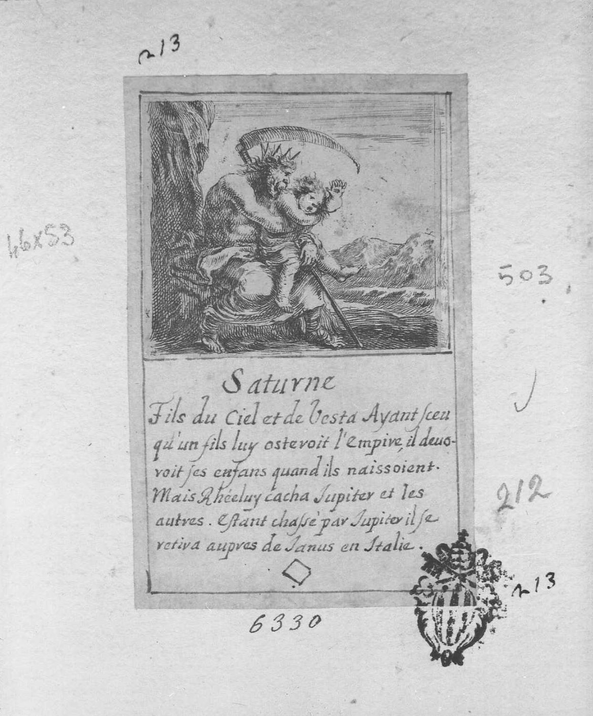 Jeu des fables: Saturno, figura (stampa tagliata) di Della Bella Stefano (sec. XVII)