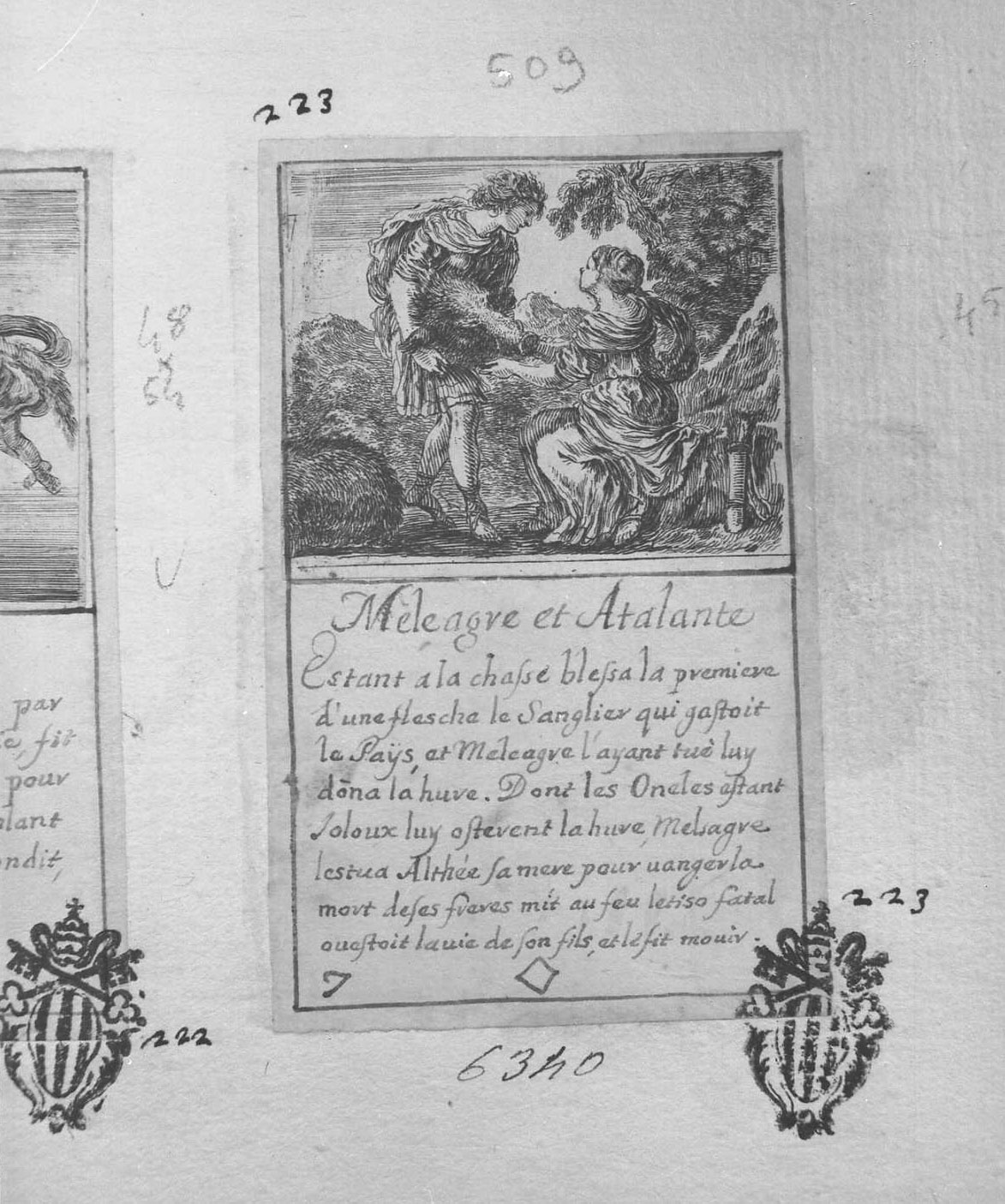 Jeu des fables: Meleagro e Atalante, figura (stampa tagliata) di Della Bella Stefano (sec. XVII)