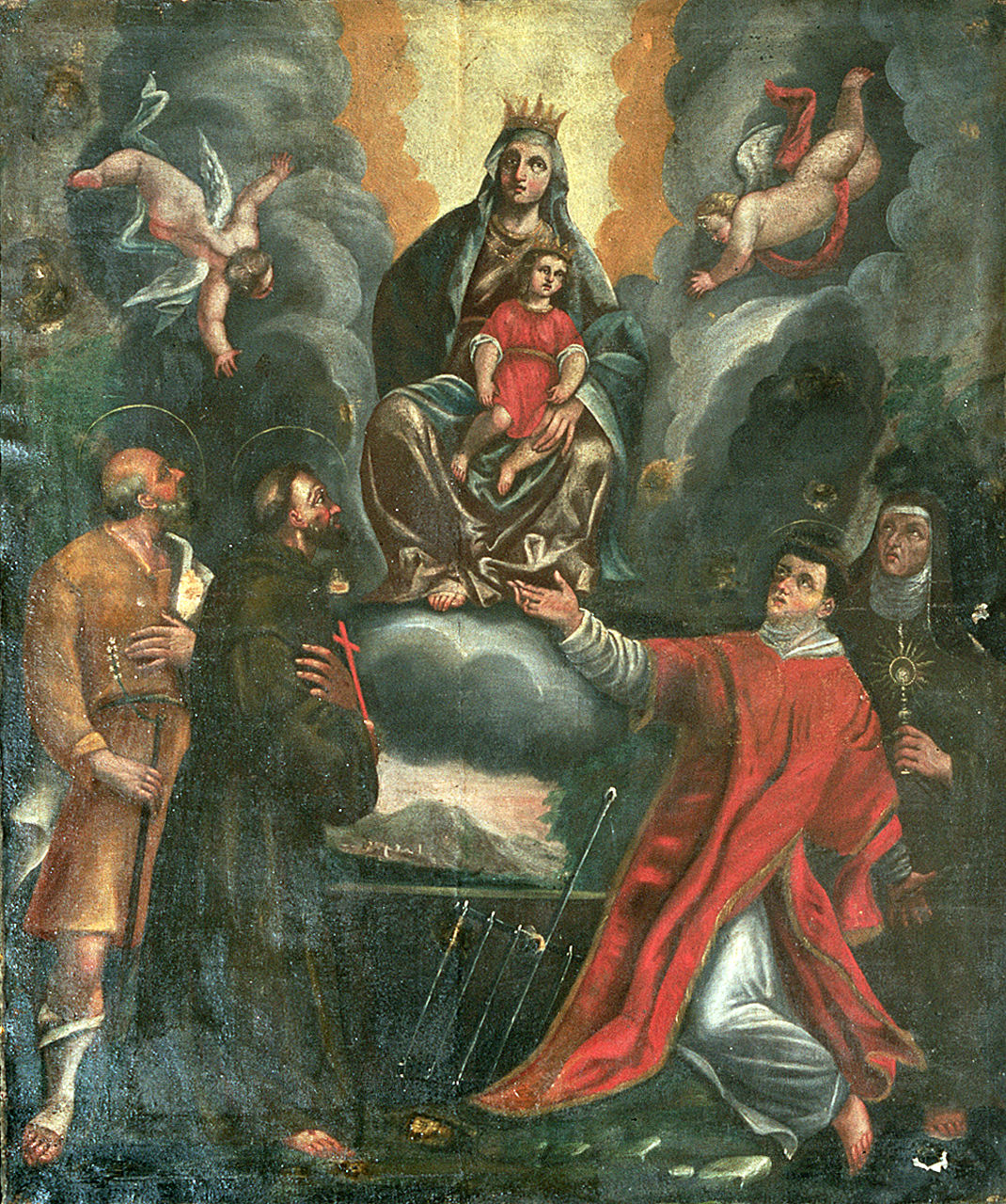 Madonna in gloria con Gesù Bambino, adorata da san Giuseppe, San Francesco, San Lorenzo, Santa Chiara, Madonna con Bambino e Santi (dipinto) - ambito ferrarese (primo quarto sec. XVII)