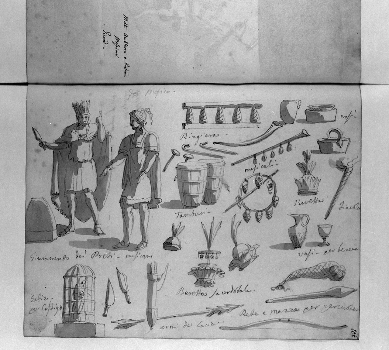 Molti Amblemi e Costumi Messicani Picard, costumi oggetti e simboli messicani (disegno, elemento d'insieme) di Basoli Antonio (sec. XIX)
