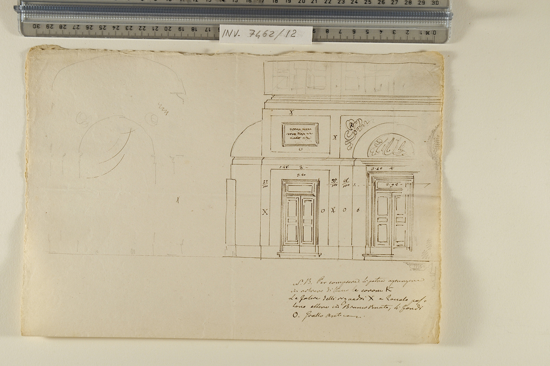 studio del corridoio del teatro di Bagnacavallo; studi di particolari architettonici (disegno preparatorio) di Antolini Filippo (sec. XIX)