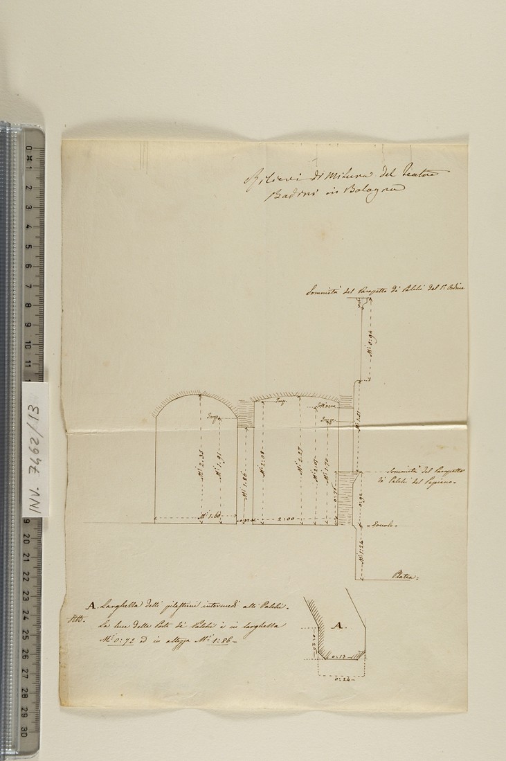 rilievi di misure del teatro Badini in Bologna (disegno) di Antolini Filippo (metà sec. XIX)
