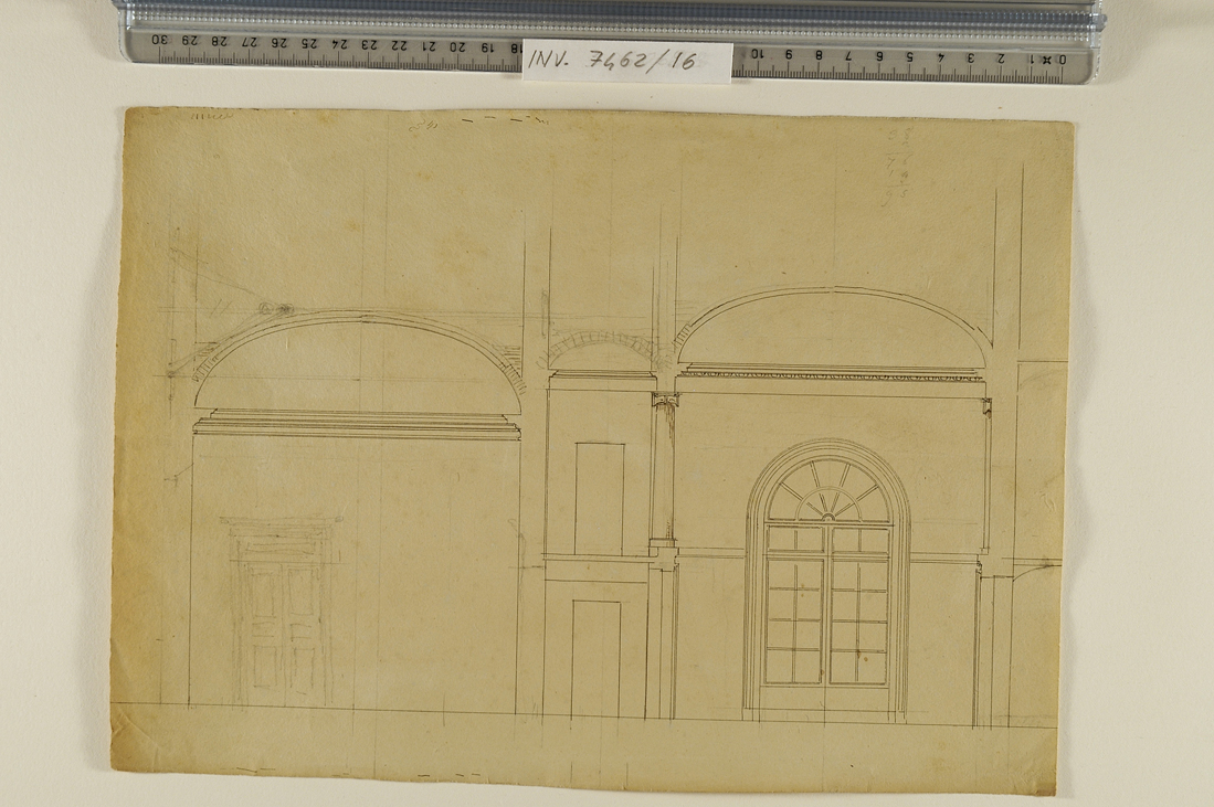 studio di particolare di corridoio con porta e finestrone (disegno preparatorio) di Antolini Filippo (metà sec. XIX)