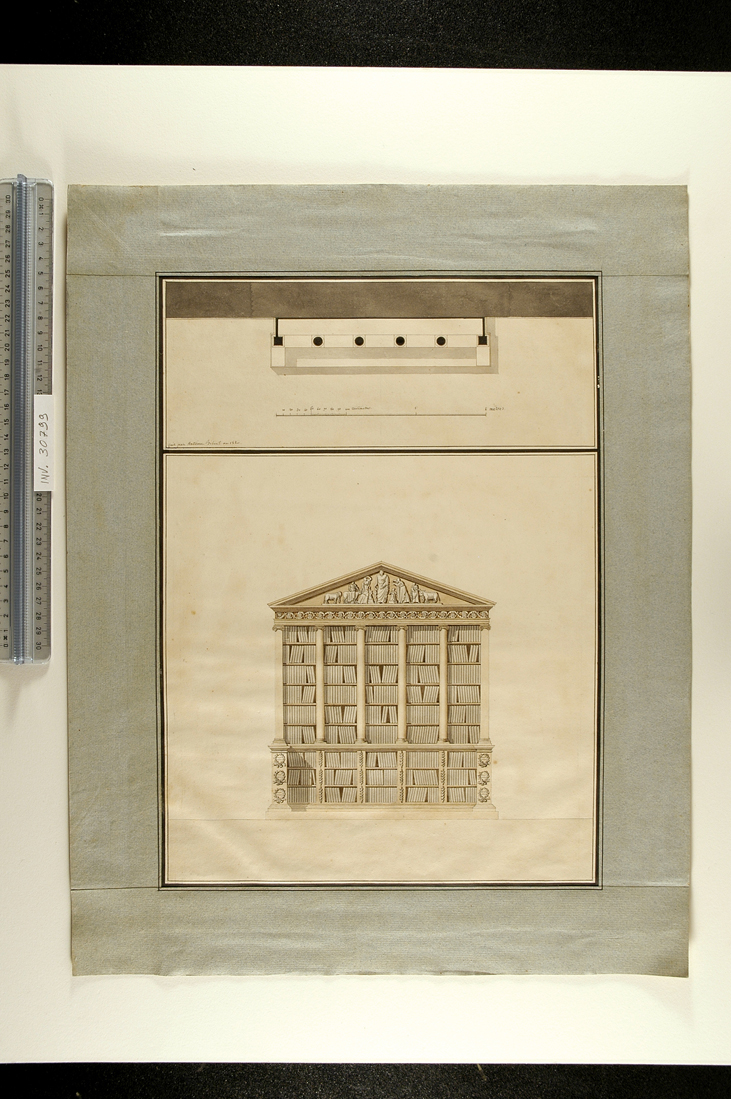 pianta e alzato di libreria in stile neoclassico (disegno) di Bibent Antoine (sec. XIX)