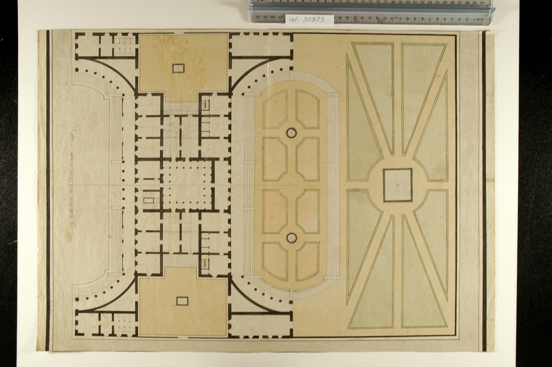 pianta di edificio neoclassico con giardino all'italiana (disegno) di Borci Paolo (sec. XVIII)