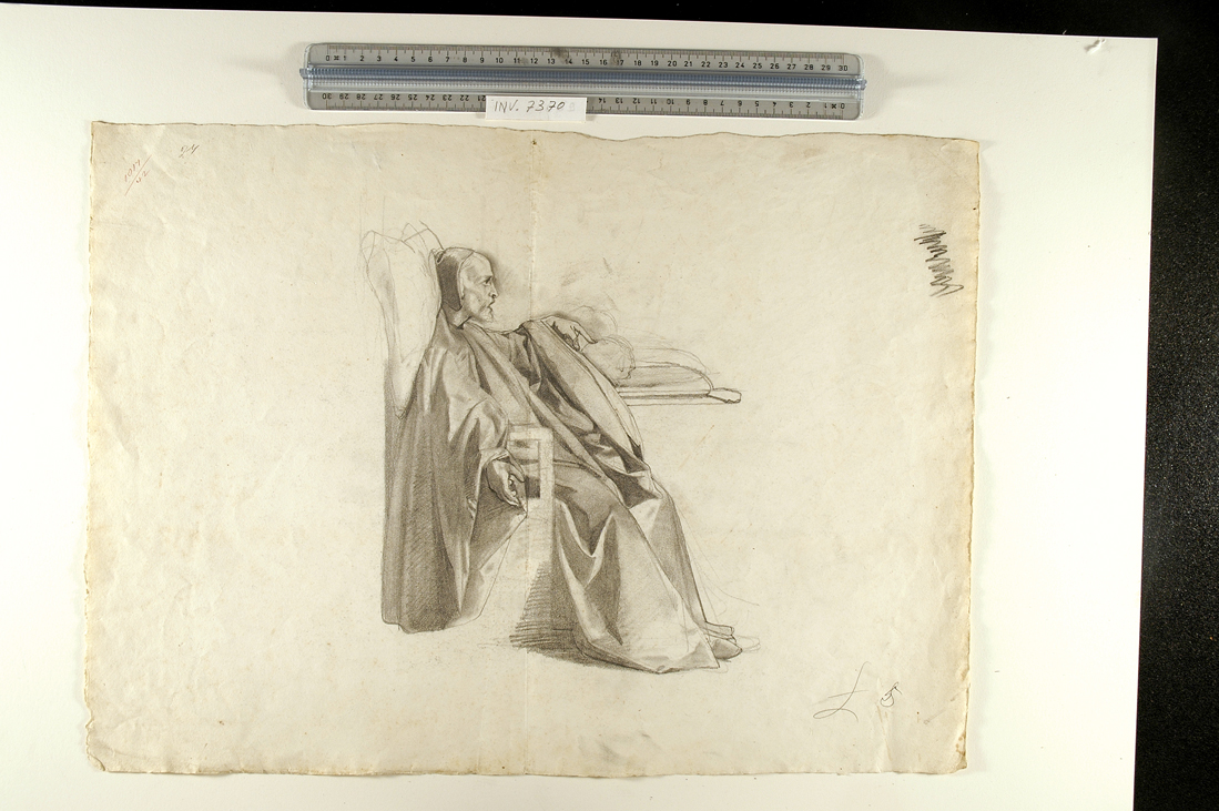 uomo anziano seduto di profilo verso destra (disegno) di Busi Luigi (attribuito) (sec. XIX)